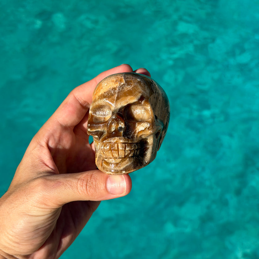 Brown Aragonite Skull Carving